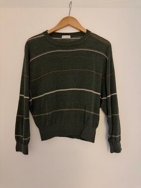 Brunello Cucinelli Green/Metalic Striped Lightweight Crewneck Sweater